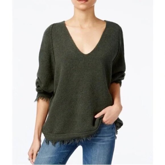 Free People Irresistible V neck Sweater Fringe Wool Blend Green Size S - Picture 8 of 8